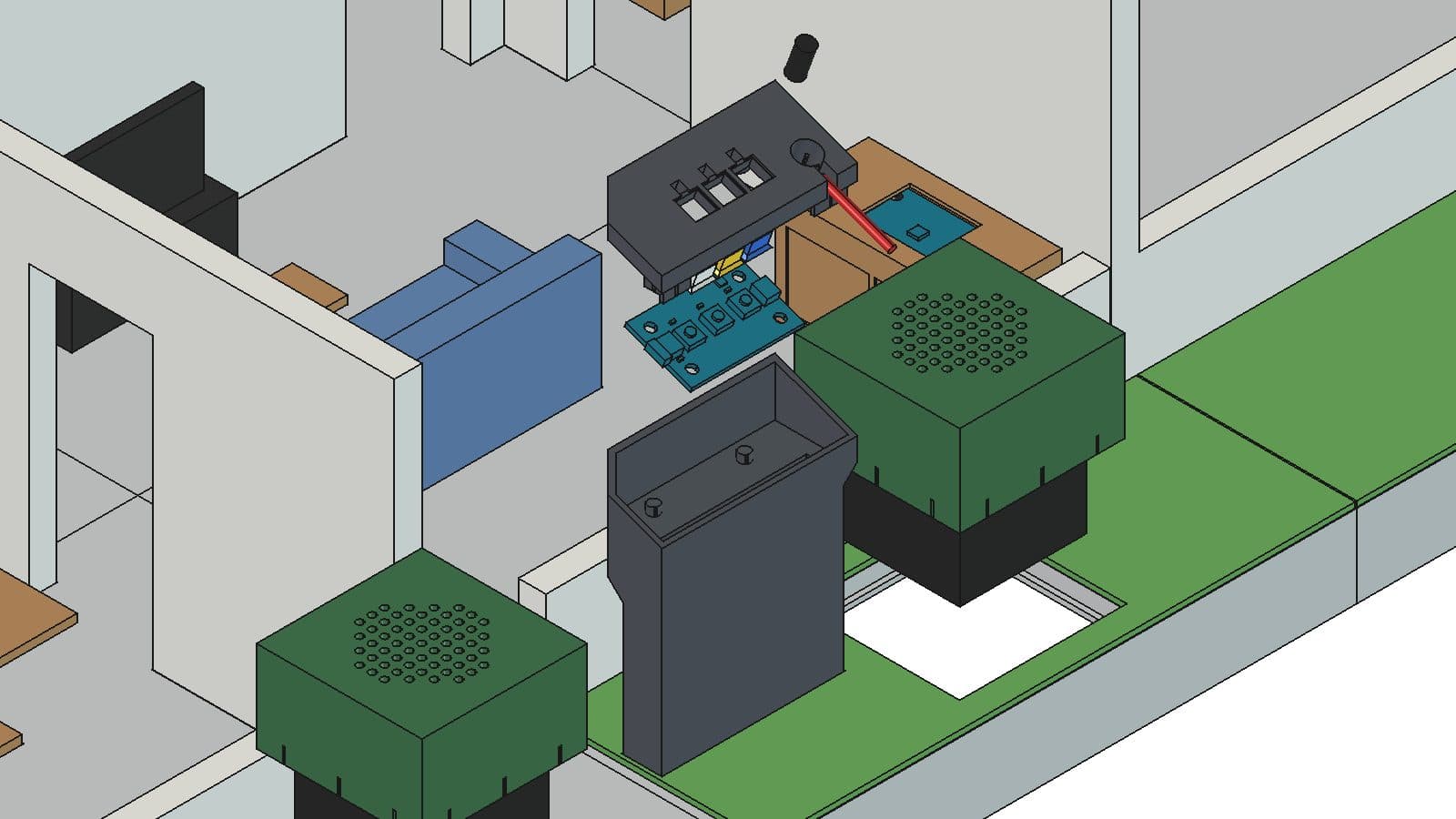 DomotiQ — esploso del totem: scocca stampata in 3D e Modulino Buttons