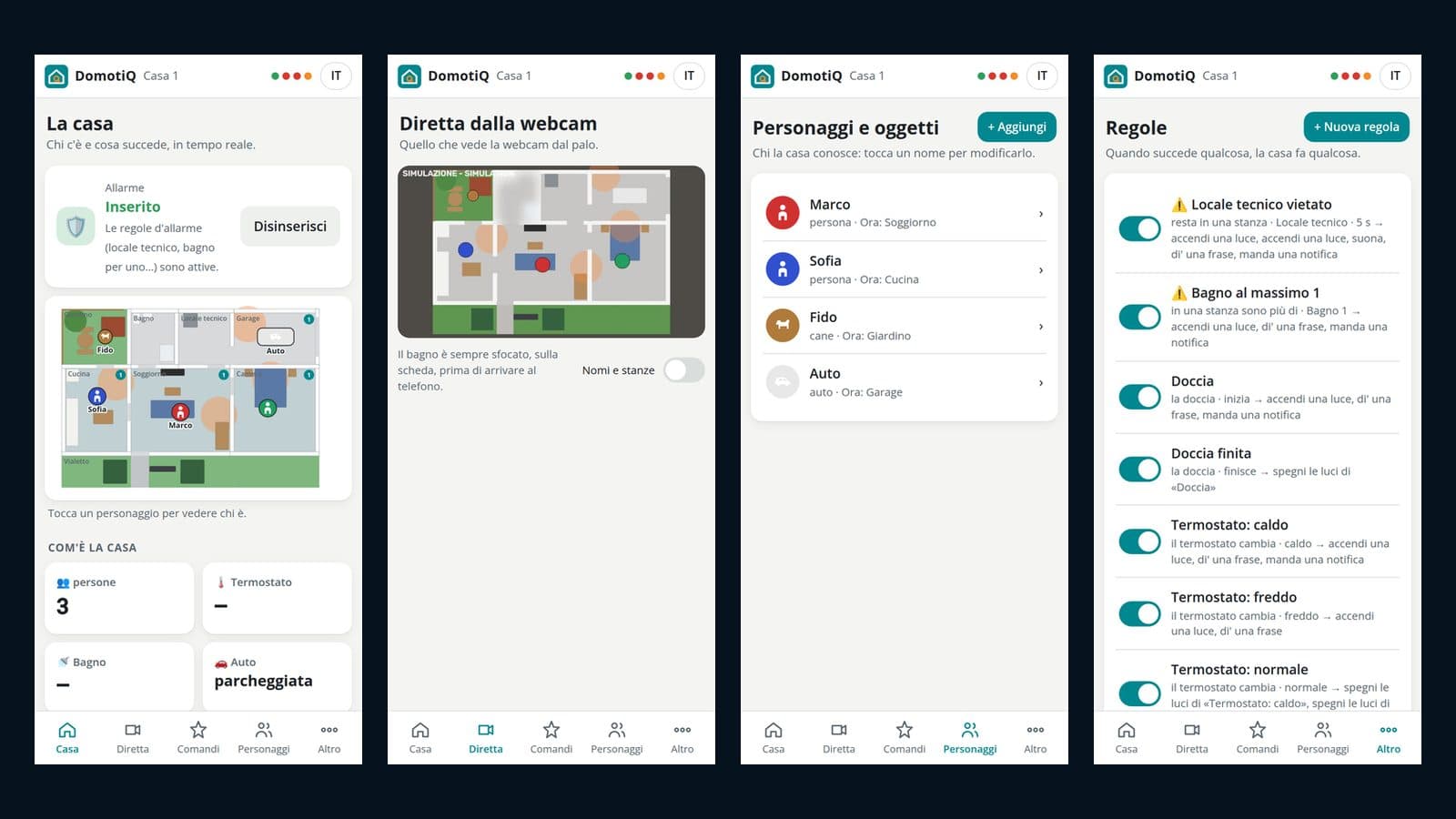 DomotiQ — la webapp sul telefono: la casa, la diretta dalla webcam, i personaggi e le regole