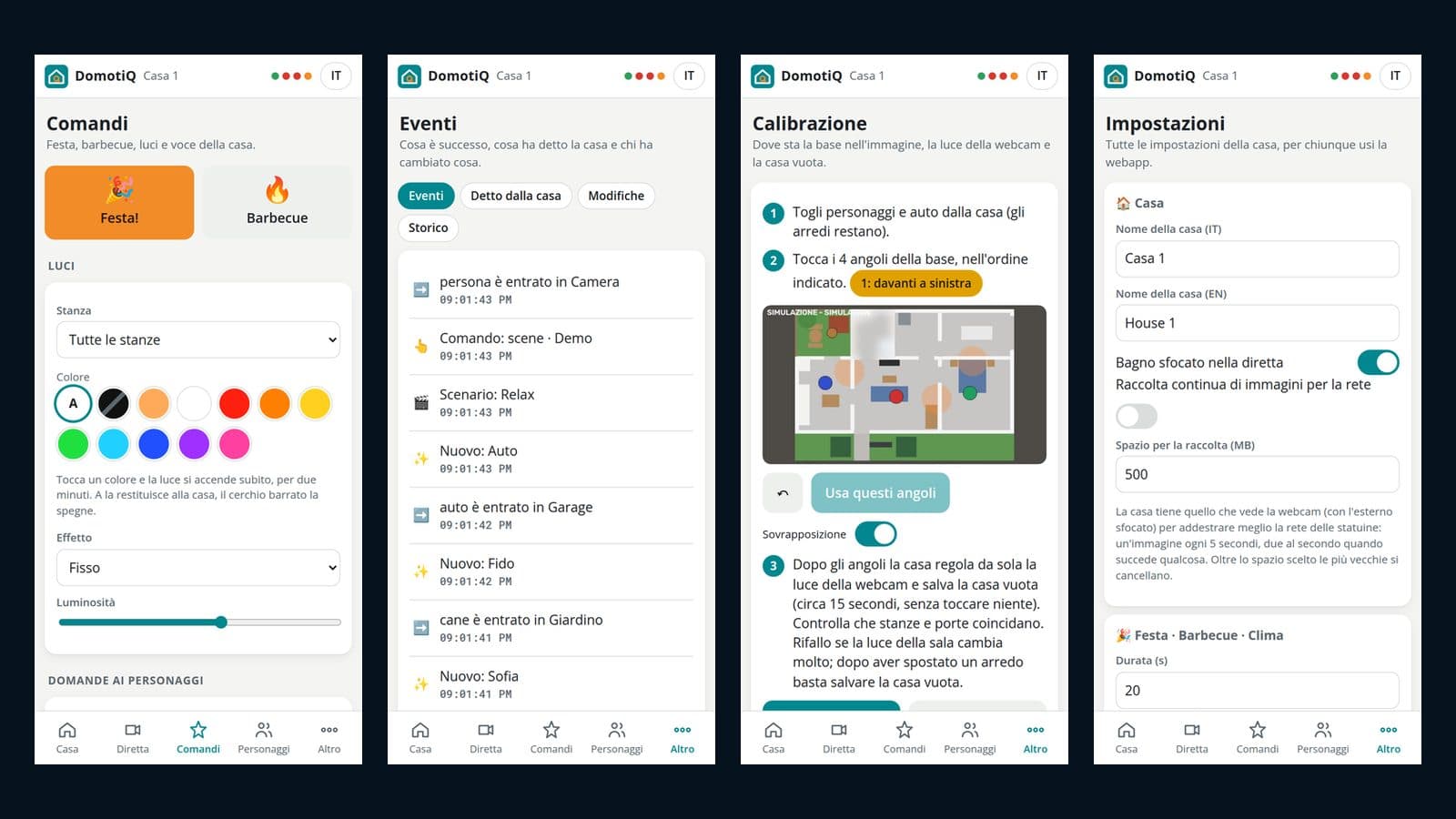 DomotiQ — la webapp: comandi, eventi, calibrazione della webcam e impostazioni